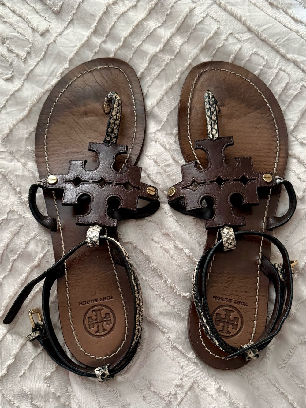Tory Burch Phoebe Chandler Flat Leather Sandals with Snake-Print Trim